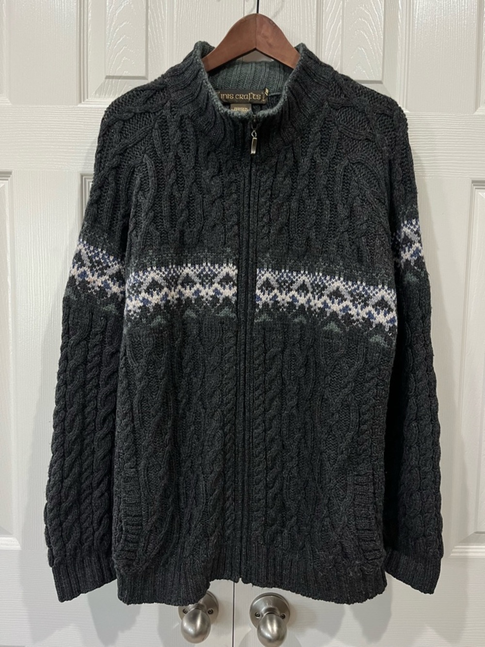 Inis Crafts Men’s 100% Merino Wool Full Zip Cardigan Sweater Gray Large